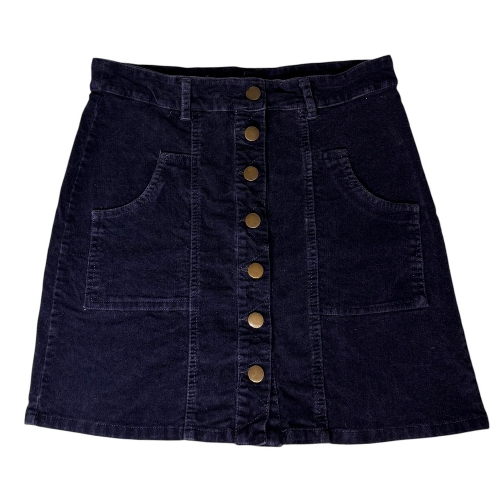 Altar'd State Corduroy Mini Skirt M Blue A-Line Button Preppy Clean‎ Classic EUC